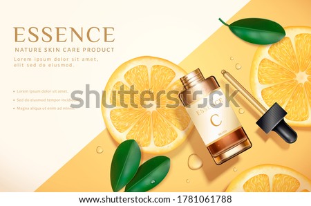 Beauty product ad, concept of simple skincare, dropper bottle mock-up set on minimal yellow background with sliced lemons