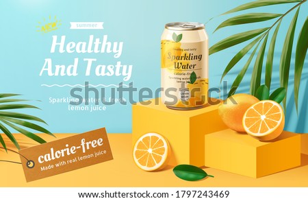 Sparkling water advertisement with lemons and palm leaves elements in 3d illustration