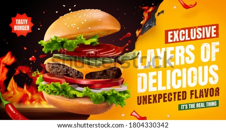 Delicious homemade burger with chili and BBQ grill fire, food ad banner in 3d illustration