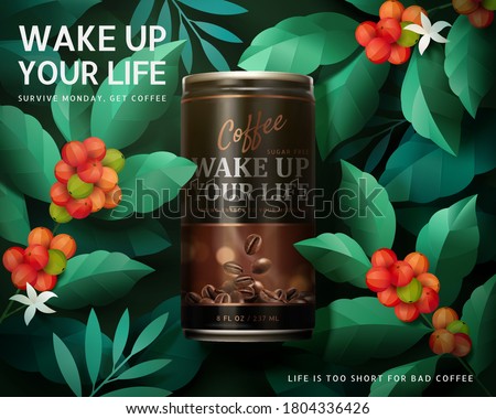 Sugar free black coffee ad design in 3d illustration surrounded by paper art ripe red coffee cherries on a coffee plant