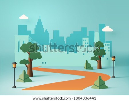 Urban cityscape concept in paper art design with trees, streetlight and winding road leading to the city 