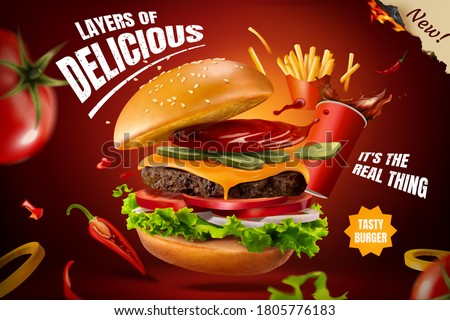 Delicious homemade burger with splashing cola, french fries and fresh ingredients, food ad in 3d illustration