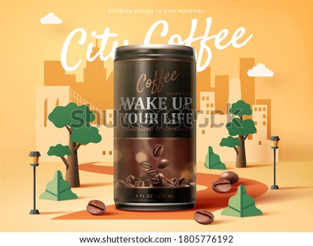 Sugar free black coffee ad design in 3d illustration over an urban city paper art design background
