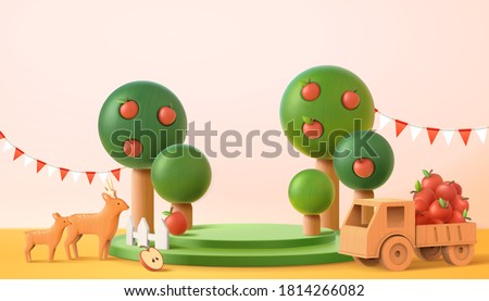 Stage for displaying product in 3d illustration. Green podium with apple trees, wooden deers and small truck full of fresh apples