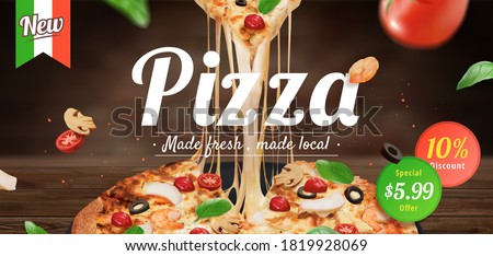 Tasty pizza ad with stringy cheese and fresh ingredients set on wooden table, 3d illustration