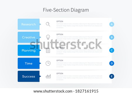 Five section infographic diagram, vertical process chart template with five heading banners in blue tone design