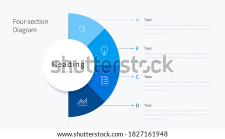 Four section diagram infographic elements, blue semicircle infographics design template with icons