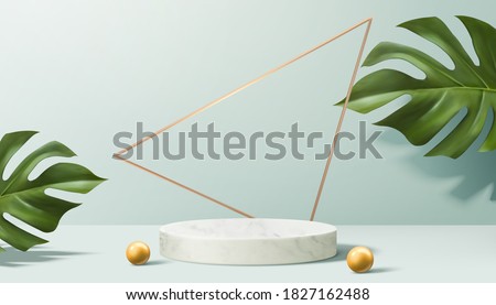 Product display podium decorated with pearls and leaves on aqua blue, 3d illustration 