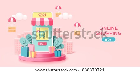Online shopping concept in minimal 3D illustration, with mobile phone store set on round podium