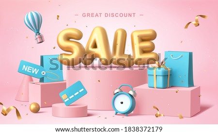 Sale poster in 3d pastel illustration, with cute balloon word on podium with some shopping related elements