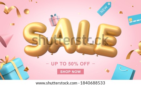 3d illustration of sale banner on pink background, sale word balloon with credit card, shopping bags, gift box, price tag and confetti elements flying around