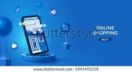 Online store via mobile phone set on podium with floating gift boxes aside, 3D web banner of online shopping