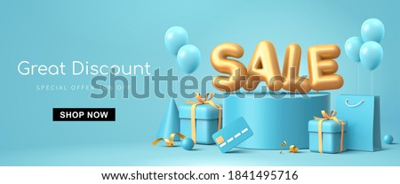Great discount sale banner design in 3d illustration on blue background, sale word balloon on podium with credit card, shopping bag and gift design elements 商業照片 © 