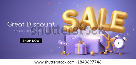 Great discount banner design with 3d rendering golden SALE balloon phrase on purple background with gift box, shopping bag and alarm clock elements
