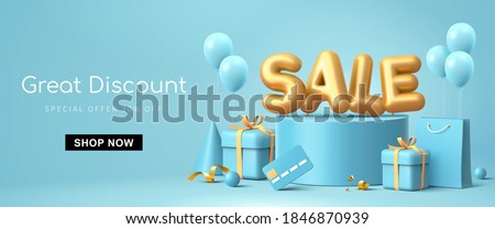 Great discount sale banner design in 3d illustration on blue background, sale word balloon on podium with credit card, shopping bag and gift design elements