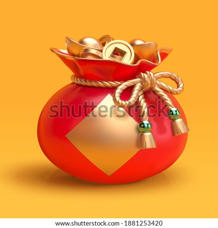 3d illustration of cute lucky bag full of gold coins and ingots. Asian festival element isolated on yellow background.