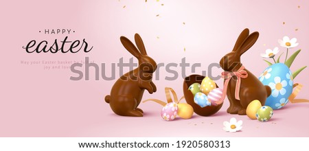 3d Easter banner with chocolate rabbits and beautiful painted eggs. Concept of Easter egg hunt or egg decorating art.