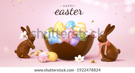 3d Easter banner with beautiful painted eggs in broken chocolate eggshell. Concept of Easter egg hunt or surprise gifts.
