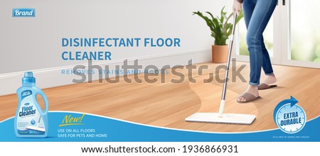 3d illustration of a realistic woman cleaning floor using disinfectant cleaner and mop. Advertisement poster layout of floor cleaner.