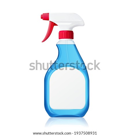 3d plastic spray bottle with red trigger and blank label isolated on white background. Container element suitable for detergent, house cleaner or disinfectant.