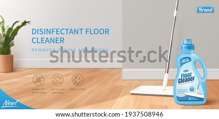 Floor cleaner ad banner in 3D design. Realistic package mock up with wet mop polishing the floor. Zdjęcia stock © 