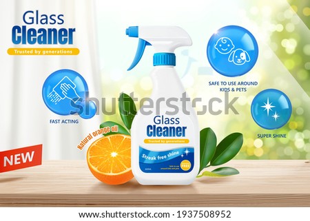 Glass cleaner ad template in 3d illustration. Product package mock up design with bright fresh orange and bubble icons.