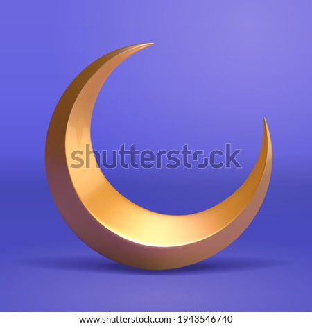 3d illustration of golden crescent moon. Element isolated on blue background, suitable for Islam religion, magic or night time.