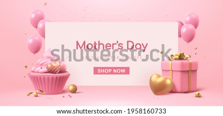 3d banner template designed with cup cake, balloons and gift box. Minimal pink background suitable for Mother's Day and Valentine's Day.