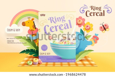 3d crunchy ring cereal ad template. Product package mock up sets on a picnic mat, decorated with butterfly, flowers and cute zoo animals.
