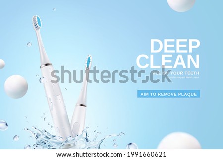 3d illustration of electric toothbrush ads. Two electric toothbrushes with water splash and white balls on fresh blue background.