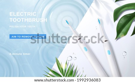 3d minimal electric toothbrush ad banner. Two toothbrushes on the edge of swimming pool, designed with water ripples and plant leaves.