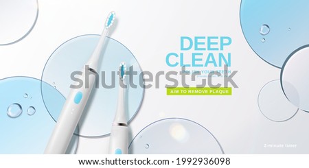 3d electric toothbrush ad template. Top view of realistic toothbrushes with blue glass disks and water droplets on white table.