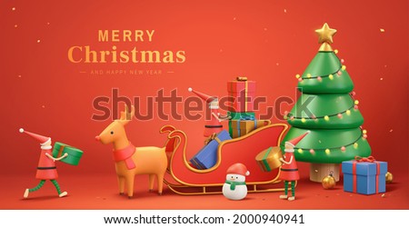 3d Xmas banner of cute Christmas elves putting gifts on Santa's sledge. Decorated with snowman and Christmas tree.