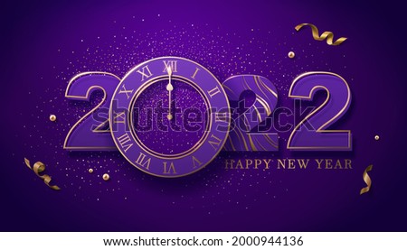 2022 Happy New Year's Eve countdown poster, suitable for luxury party invitation. Layout with luxury numbers, clock, golden glitter and confetti.