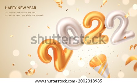 3d gold and white 2022 foil balloon with confetti on shiny bokeh background. Suitable for luxury New Year party invitation and greeting card.