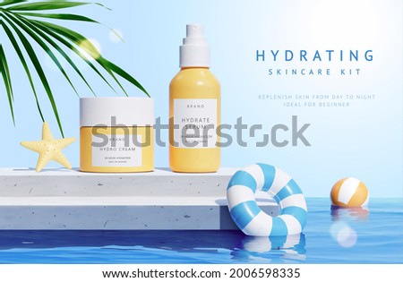 3d product display scene for summer cosmetic kit. Plastic serum bottle and cream jar set on concrete stair beside water. Concept of beach and island vacation.