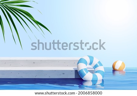 3d scene design for summer product display. Concrete stair podium with swimming ring and beach ball beside water. Concept of island beach or swimming pool.