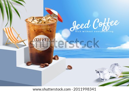 3d iced coffee ad template with Mediterranean beach scene. Plastic takeout cup set on white stairs with coffee beans and tropical leaves.