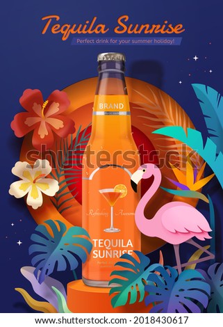 3d illustration of tequila sunrise promo ad. Tequila bottle on orange podium with tropical plants, flower and flamingo design elements around.