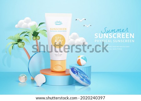 3d cosmetic ad template in island vacation theme. Tube mock up on round podium with beach swim objects.