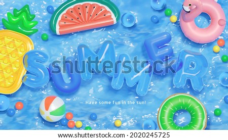 3d creative summer background in swimming pool party theme. Top view of balls, swim rings and fruit shape lilos floating on water.