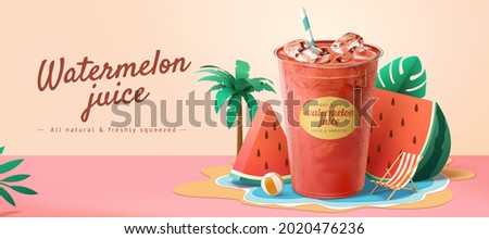 Fresh watermelon juice ad banner template. 3d illustration of plastic takeaway cup with paper cut watermelon slices and beach theme decoration.