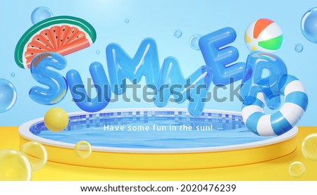 3d abstract summer background design. Suitable for seasonal sale or activity promotion. Composition of cute letter balloon and swim objects floating above a round swimming pool.