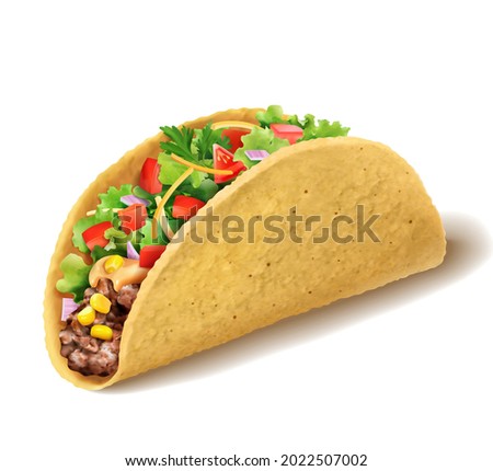 3d realistic Mexican Taco with ground beef, lettuce, diced tomato and onion stuffing. Cultural food element isolated on white background.