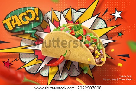 3d spicy taco ad banner in retro American comic theme design. Fresh taco and chili on exploding pop art background. Stock foto © 