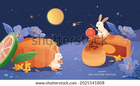 Happy mid autumn festival illustration banner. Cute rabbits enjoying tasty moon cakes and watching the moon scenery at night.