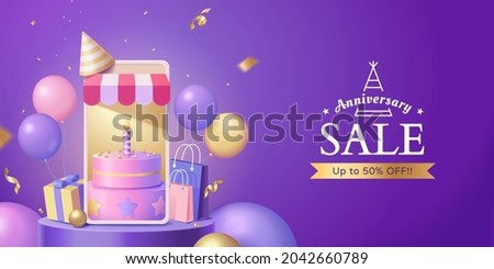 3d online store anniversary sale banner. Pink cake displayed on phone screen with gift box, shopping bags, colorful balloons and confetti around.