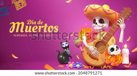 Day of the dead or dia de muertos banner. 3d cute skeleton playing the guitar at night with marigold petals falling around.