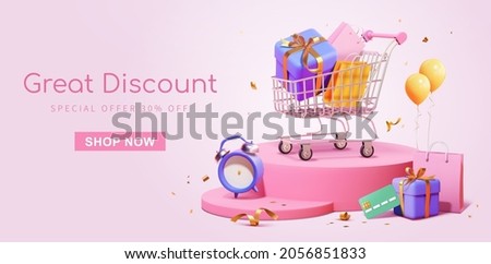 3d shopping sale promotion banner. Full shopping cart on round podium with countdown clock and credit card aside. Concept of great discount, suitable for black friday and anniversary. Foto stock © 