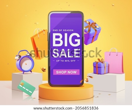 Creative end of the season sale background. 3d smartphone standing on podium with other shopping related objects. Suitable for e-commerce and black friday.